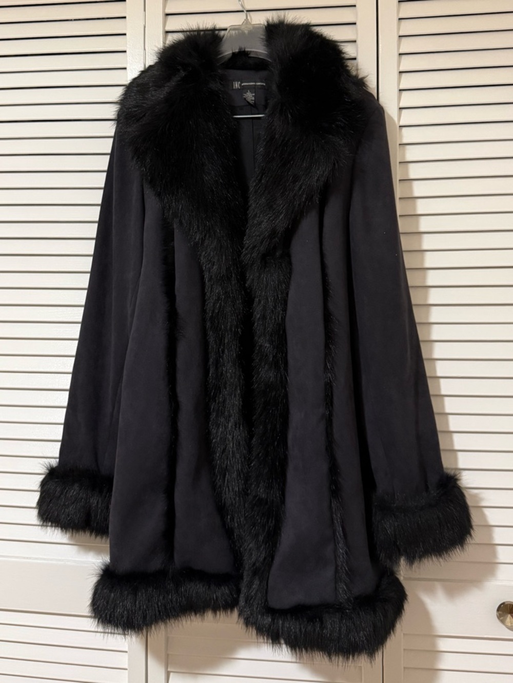 INC International Concepts Black Faux Fur Trim Trench Coat